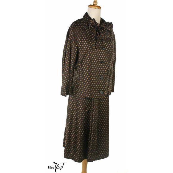 Vintage 60s Charles Cooper Couture Dress w Jacket Black Brown Silk Sm - Hey Viv - Picture 3 of 8